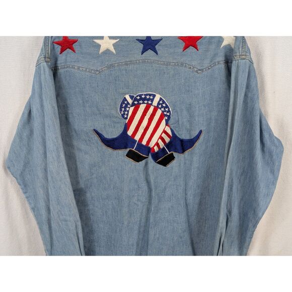 Vintage Jake Stewart Embroidered Stars & Boots Denim Button Up Shirt Size Medium - Picture 14 of 16